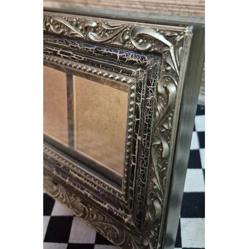 Vintage Style Triple Collage Photo Frame Ornate Black Silver Crackle 3 Opening